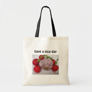 Bag vitlök med text: "Ha en trevlig dag* Tygkasse