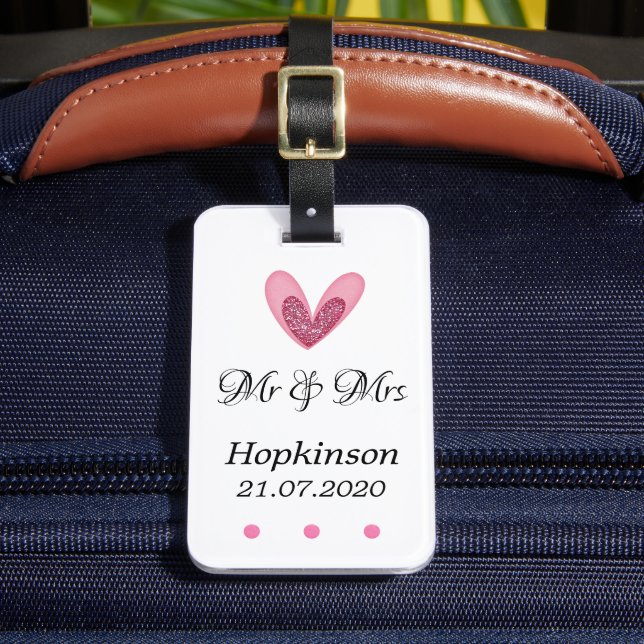 Bagagetag - Rosa Glitter Heart & Mrs. Bagagebricka (Framsida Insitu 2)