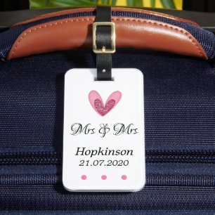 Bagagetag - Rosa Glitter Heart Mrs. & Mrs. Bagagebricka