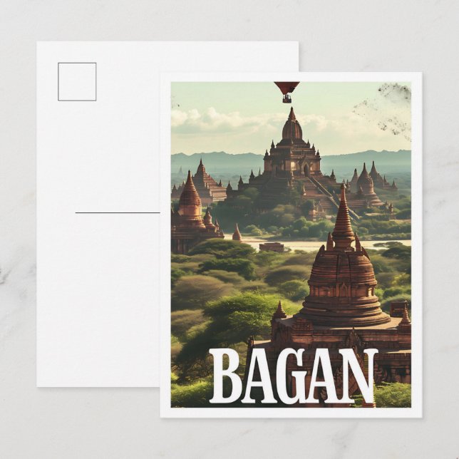 Bagan Myanmar Artistic Travel Illustration Vykort (Fram/baksida)