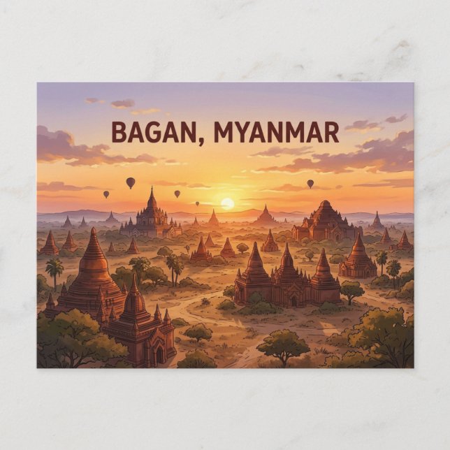 Bagan Myanmar Solnedgång Reseskylt Vykort (Framsida)
