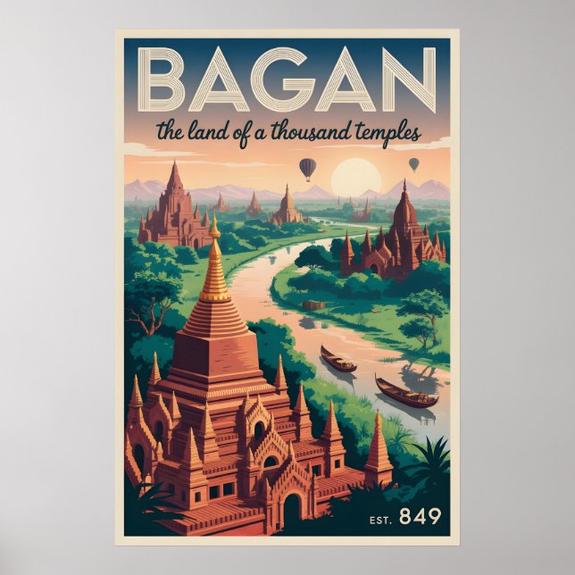 Bagan Myanmar Vintage Resemål | Tempeldkonst Poster (Framsidan)