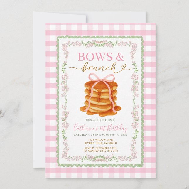 Bågar & Brunch-pannkaka Rosa Födelsedags Grandmill Inbjudningar (Framsida)