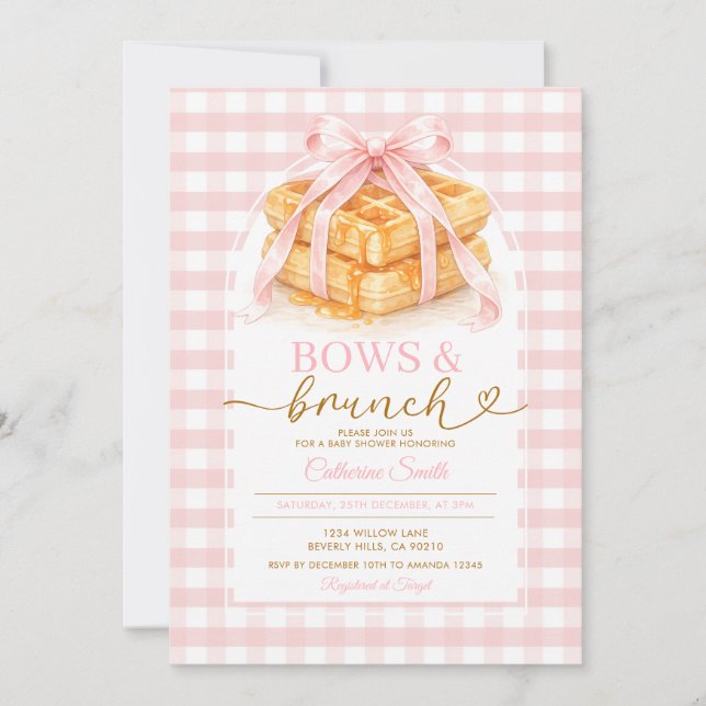 Bågar och Brunch Rosa Våffel Brunch Bebis Shower Inbjudningar (Framsida)