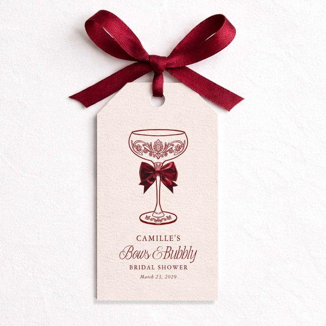 Bågar och Bubbly Bröllopsdusch Förmånsetikett Presentetikett (Red Bows and Bubbly Favor Tags)