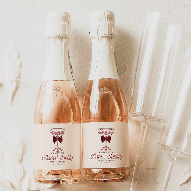 Bågar och Bubbly Bröllopsdusch Mini Champagne Etik (Red bows and Bubbly Bridal Shower Mini Champagne Label)