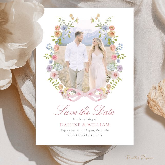 Bågar och vildblommor Foto Spara Datumet (Bows and Wildflowers Photo Save The Date
)