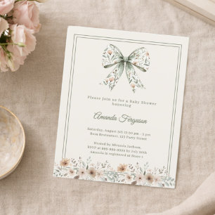 Båge blommor grön elfenben Baby Shower inbjudan