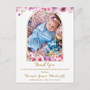Båge Foto Blommig Script Tack Baby Födelse Meddelande Vykort