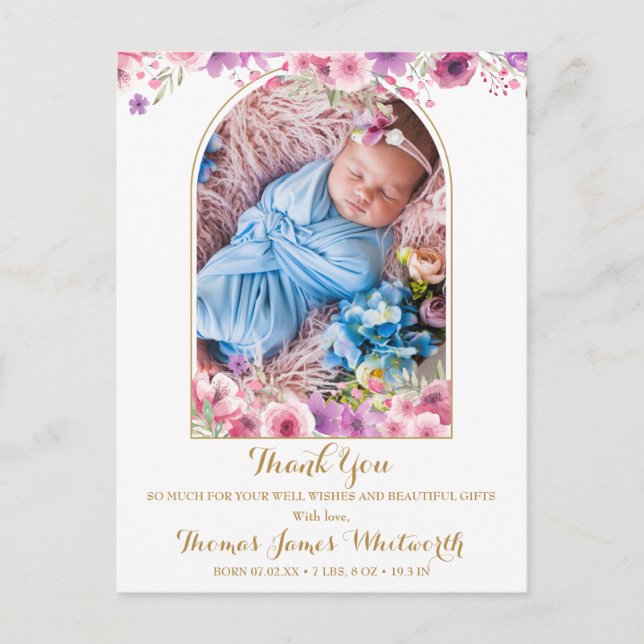 Båge Foto Blommig Script Tack Baby Födelse  Meddelande Vykort (Framsida)