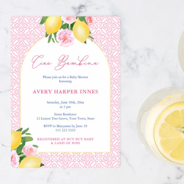 Båge Ram Ciao Bambina Citroner Baby Girl Bebisdopp Inbjudningar (Ciao Bambina Italian inspired summer baby shower for girl invitation)