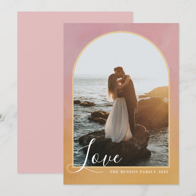 Båge Skript Kärlek Målad Rosa Guld Vertikal Julkort (Fram/baksida)