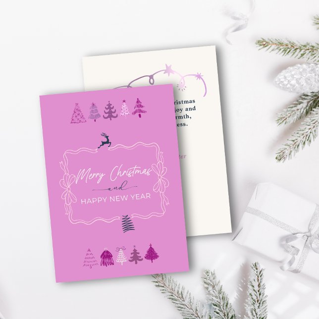 Båge & Träd Doodle Pastell Lavendel Semesterkort Julkort (Festive Bow & Chic Trees Doodle Pastel Lavander Holiday Card)