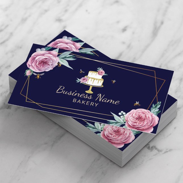 Bagerbakverk Chef Flower & Bees Sweet Cake Navy Visitkort (Skapare uppladdad)