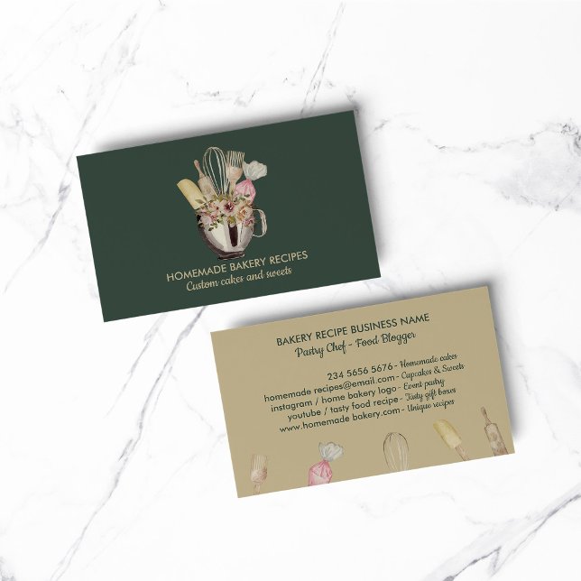 Bagerhandfat verktyg-grönten guld visitkort (Bakery pastry hand tools sage green gold business card)