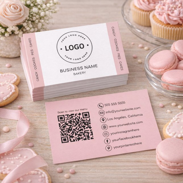 Bageri Anpassad Logotyp QR-kod Rosenskär Visitkort (Bakery Custom Logo QR Code Blush Pink Business Card)