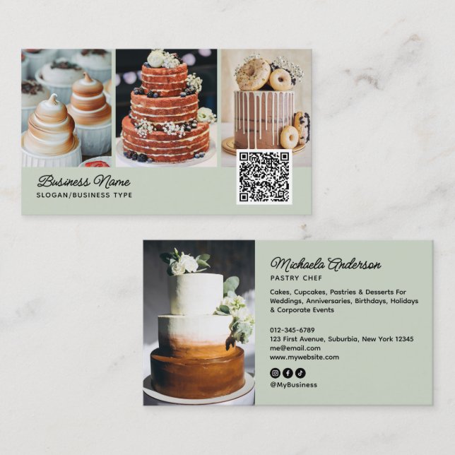 Bageri/Kock/Catering 4-Foto QR-kod Modern Skriftst Visitkort (Fram/baksida)