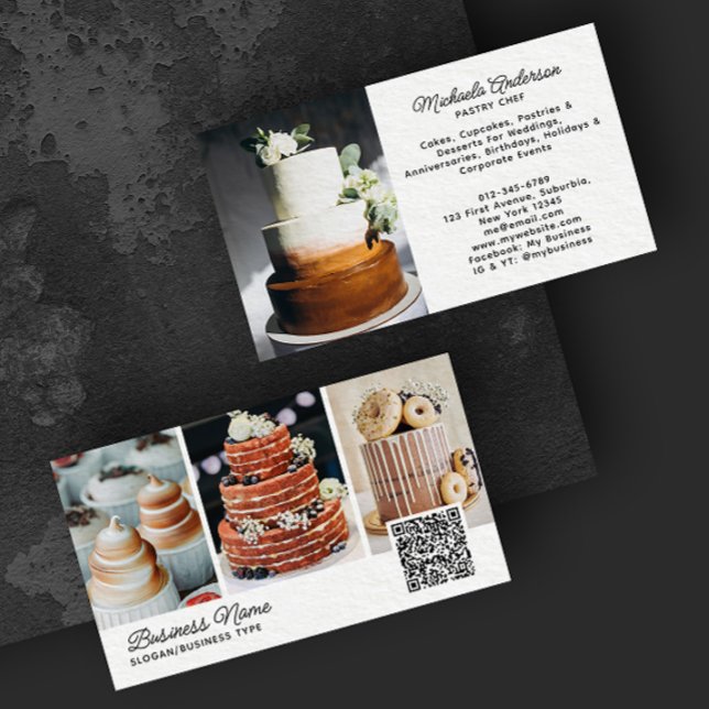 Bageri/Kock/Catering 4-Photo QR-kod Modernt Skript Visitkort (Skapare uppladdad)
