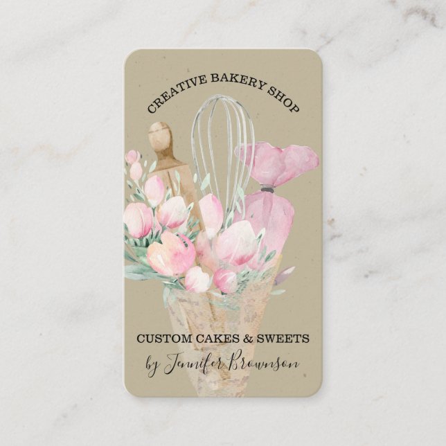 Bageri Konditor Rosa Blommor Boho hantverk Visitkort (Framsida)