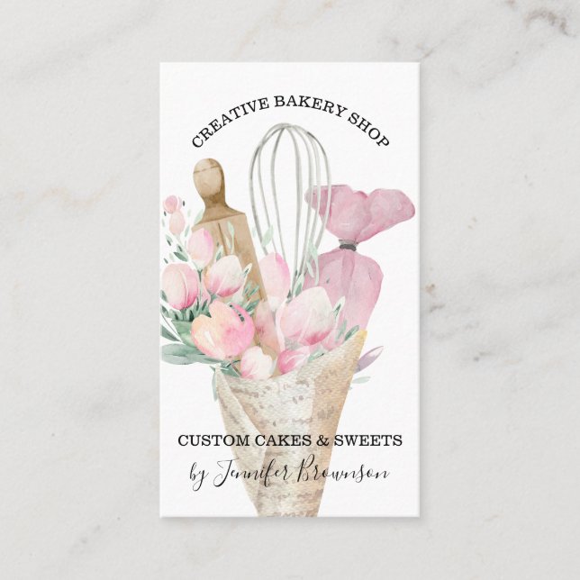 Bageri Konditor Rosa Blommor Boho Visitkort (Framsida)