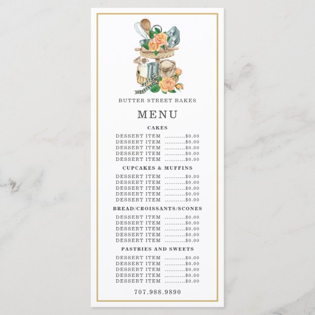 Bageri Konditor Vattenfärg Bakredskap Meny (Framsida)