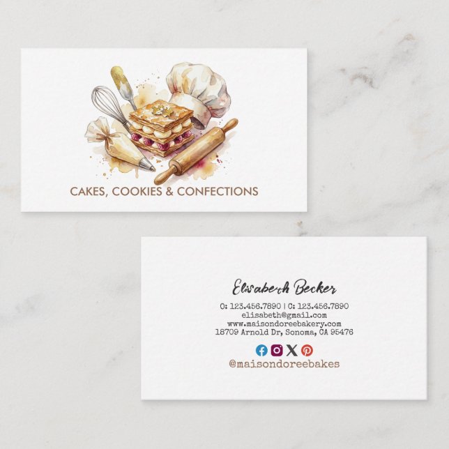 Bageri Konditor Vattenfärg Guld Bakning Catering Visitkort (Fram/baksida)