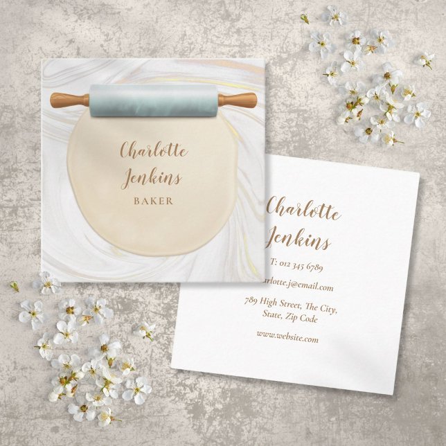 Bageri Patisserie Marmorvirvlar Kavlare Fyrkantigt Visitkort (Baker Patisserie Marble Swirls Rolling Pin Square Business Card)