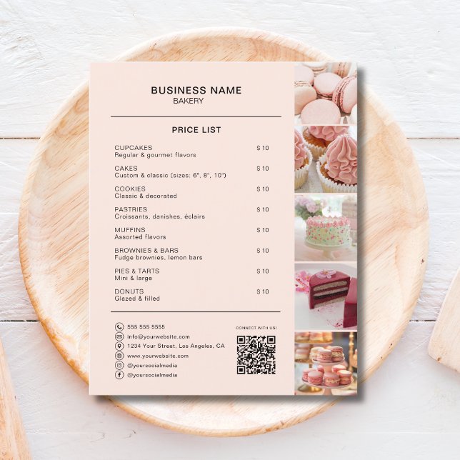 Bageri Prislista Foto QR Persika Flygblad (Bakery Price List Photo QR Peach Flyer)