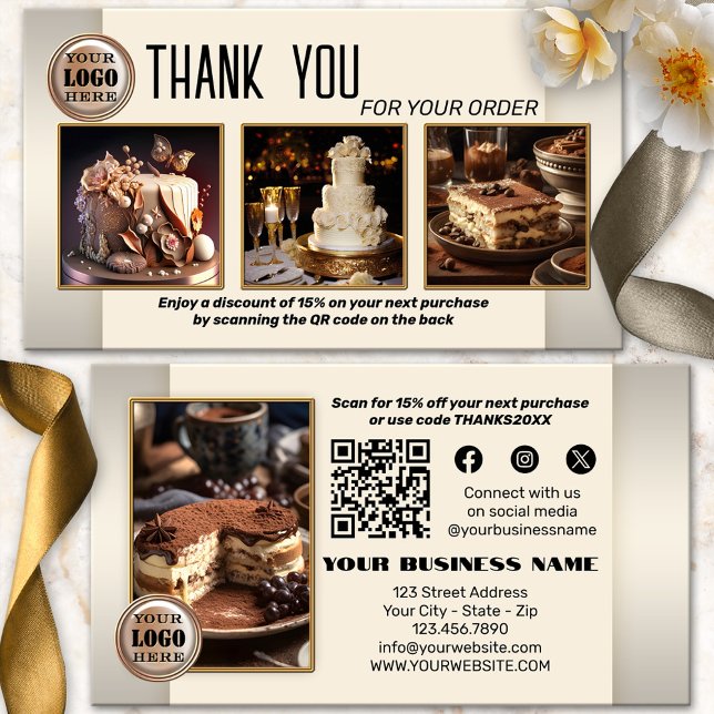 Bageri QR-kod Foto Tack för din beställning Visitkort (Thank you for your order business card showing your photos, QR code and social media on silver grey)