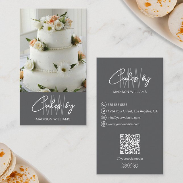 Bageri Tårta Anpassad Monogram Logotyp Grå Visitkort (Bakery Cake Custom Monogram Logo Gray Business Card)