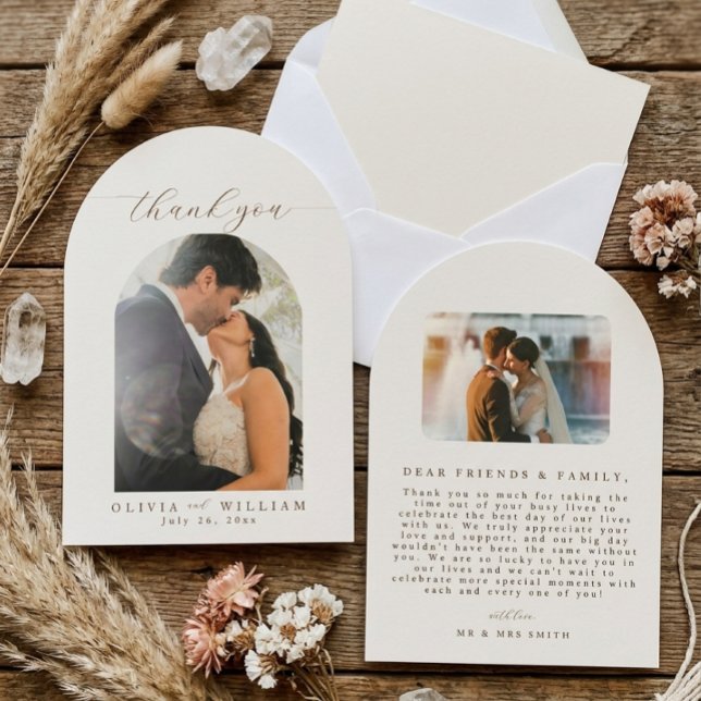 Bågformad Boho Minimalistisk Foto Bröllop Tacksamh Inbjudningar (Skapare uppladdad)