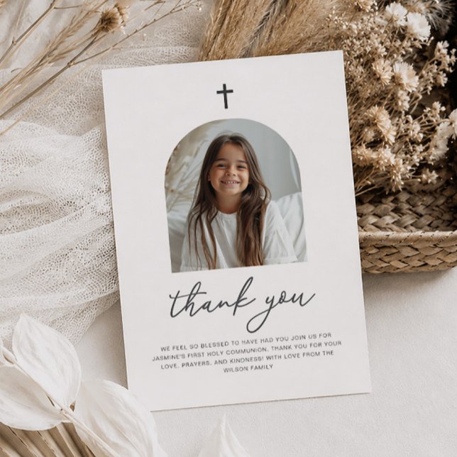 Bågformad Foto Första Nattvarden Tack Kort (Zazzle Arched Photo First Communion Girl Thank You Card)