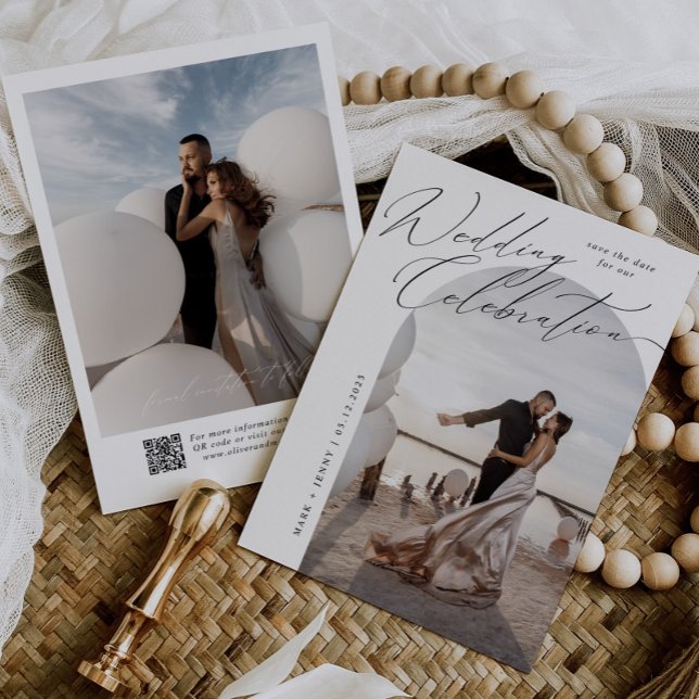 Bågformad fotografi Script Typografi Modern Bröllo Spara Datumet (Skapare uppladdad)