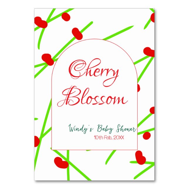 Bågformad körsbärsblomning röd grön baby shower mö bordsnummer (Framsidan)