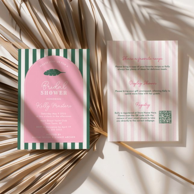 Bågformad rosa och grön bröllopsfest i Beverly Hil Inbjudningar (Pink and green stripes double-sided 1950s retro Beverly Hills theme bridal shower invitation)