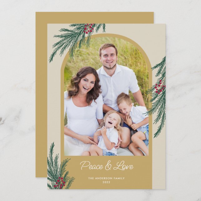 Bågformat foto Vintergrönska Fred & Kärlek Julkort (Fram/baksida)