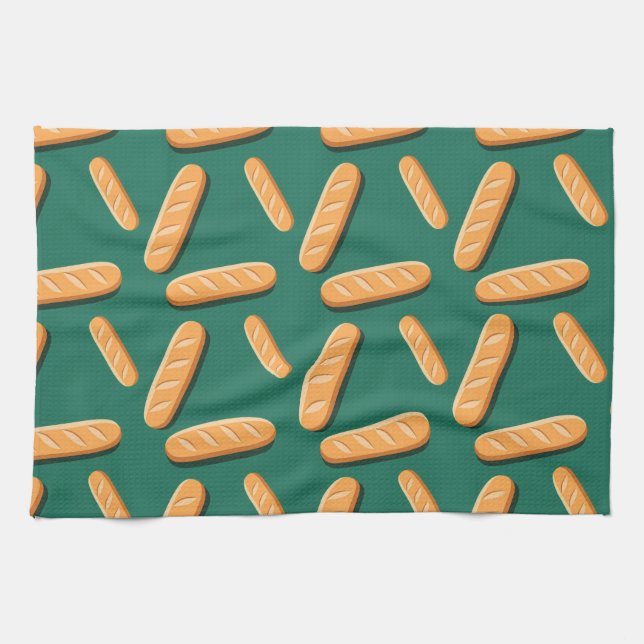Baguette bread pattern on a green background kökshandduk (Horisontell)