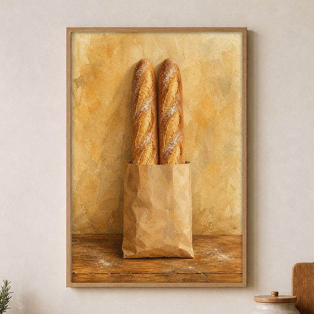 Baguettpar i papper Vattenfärg Poster (Shown framed for scale. Poster ships unframed; frames are an optional add-on.)