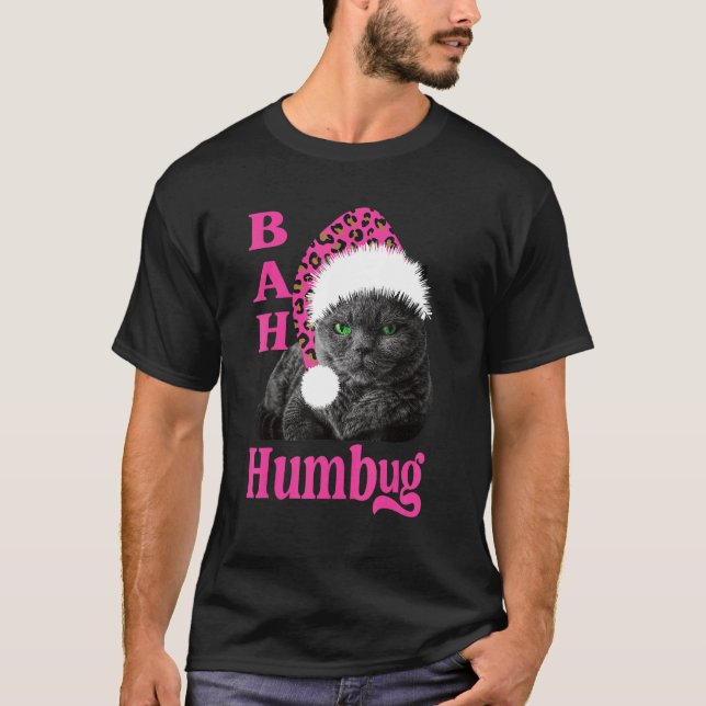 Bah Humbug Katt Leopardtryck Tomtehatt Jul H T Shirt (Framsida)