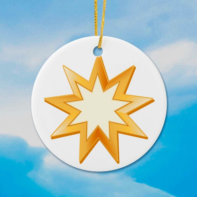 Baha'i Faith, Guld Symbol Julgransprydnad Keramik (Ceramic ornament with golden nine pointed star, symbol of the Baha'i faith. )