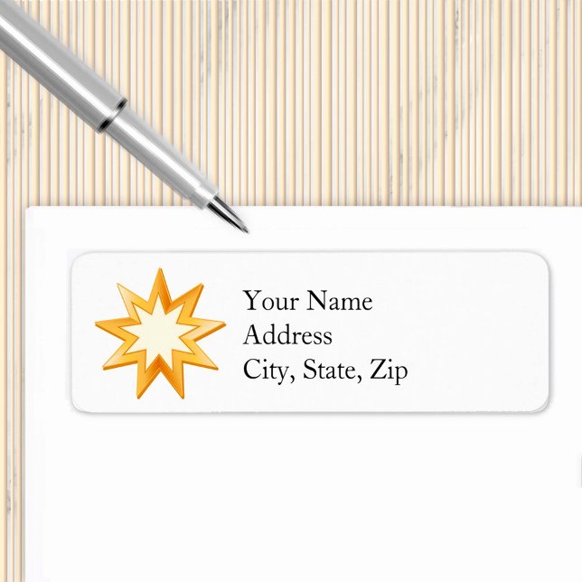 Baha'i Symbol Returadress Etikett (Gold nine pointed star, symbol of the Baha’i faith.  2.25" x 0.75" Label)