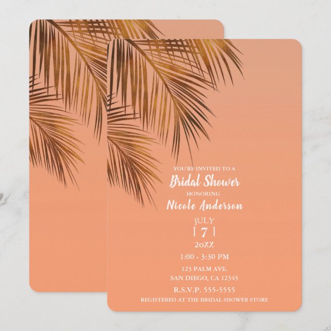 Bahama Breeze Brons Palm Korall Bröllopsdusch Inbjudningar (Fram/baksida)