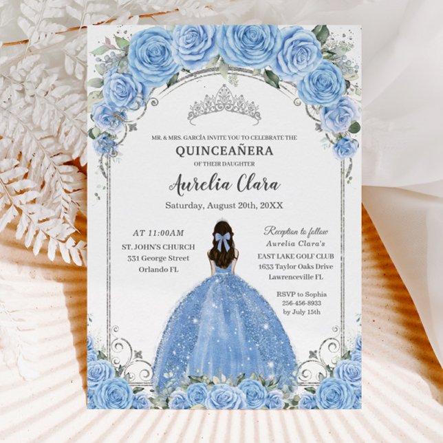 Bahama Himlar Blue Blommigt Dress Silver Quinceañe Inbjudningar (Skapare uppladdad)