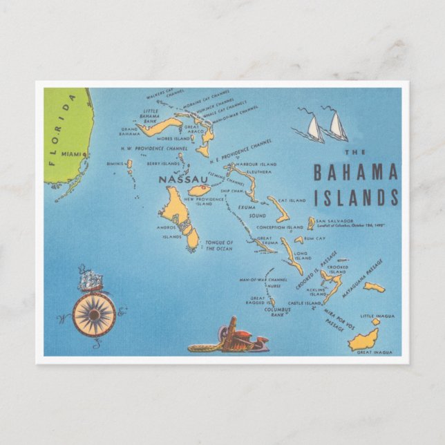 Bahamaöarnas Vintage Turism Karta Vykort (Framsida)
