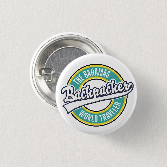 Bahamas Backpacker World Traveler retro logotyp. Knapp (Framsida & baksida)