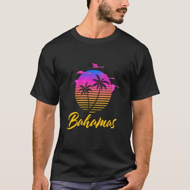 Bahamas Caribbean Retro Sunset Palm Tree Flamingo  T Shirt (Framsida)