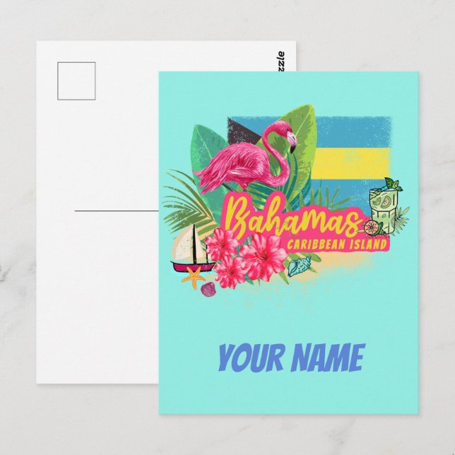 Bahamas retro karibisk ö flamingo vintage vykort (Fram/baksida)