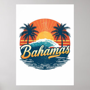 Bahamas Retro Solnedgång Palmträd Design Poster