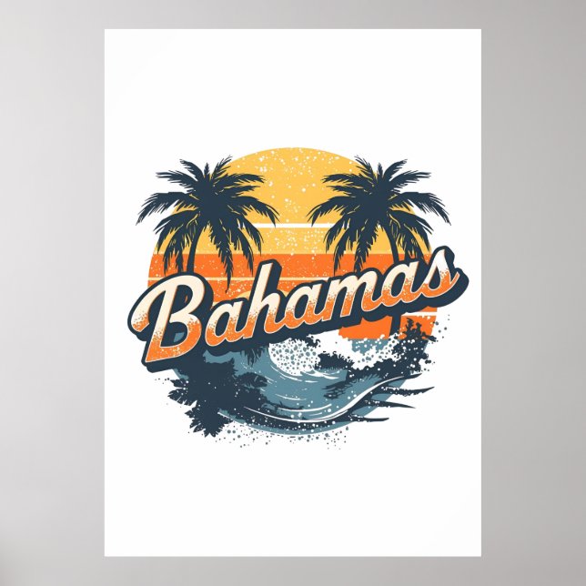 Bahamas Retro Solnedgång Palmträd Design Poster (Framsidan)