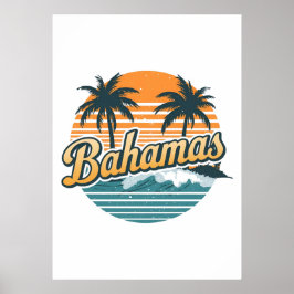 Bahamas Retro Sunset Palm Trees Design Poster